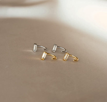 Tiny Baguette Diamond Hoop Earrings