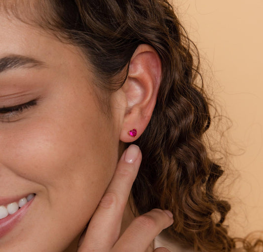 Personalized Ruby Heart Earrings in Silver