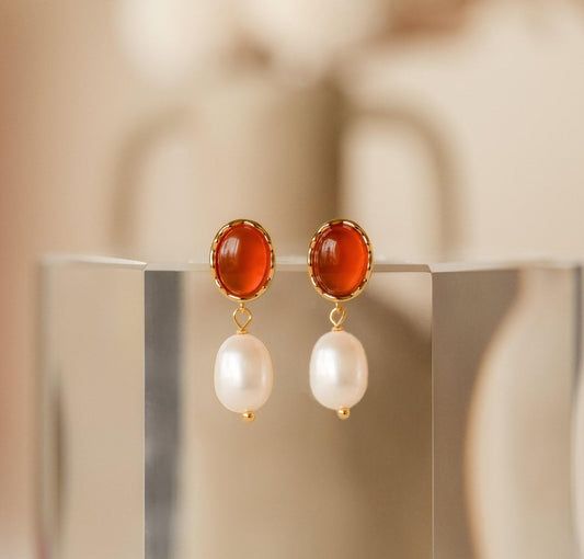 Personalized Carnelian and Pearl Drop Earrings