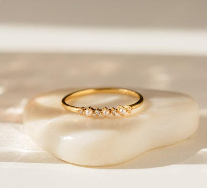 Dainty Vintage Pearl Diamond Stacking Ring