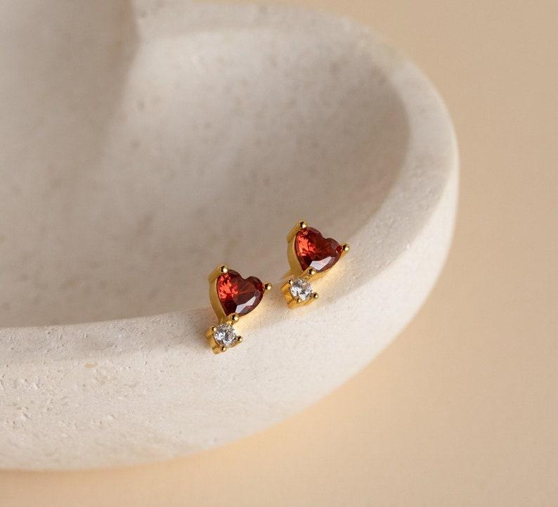 Dainty Gold Garnet Heart Drop Earrings