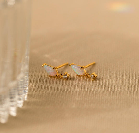 Dainty Opal Drop Earrings with Diamond Charm