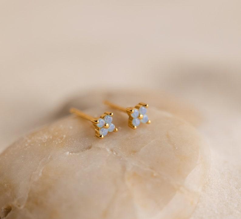 Dainty Light Blue Stone Flower Stud Earrings