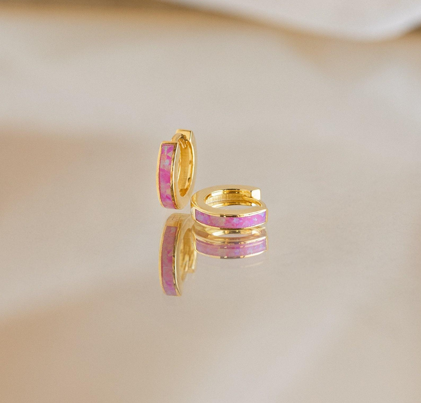 Dainty Pink Opal Inlay Huggie Earrings