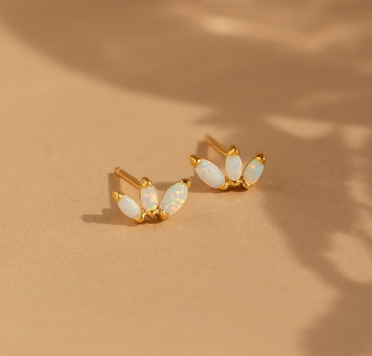 Gold Opal Flower Stud Earrings