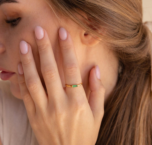 Dainty Green Jade Baguette Hammered Ring