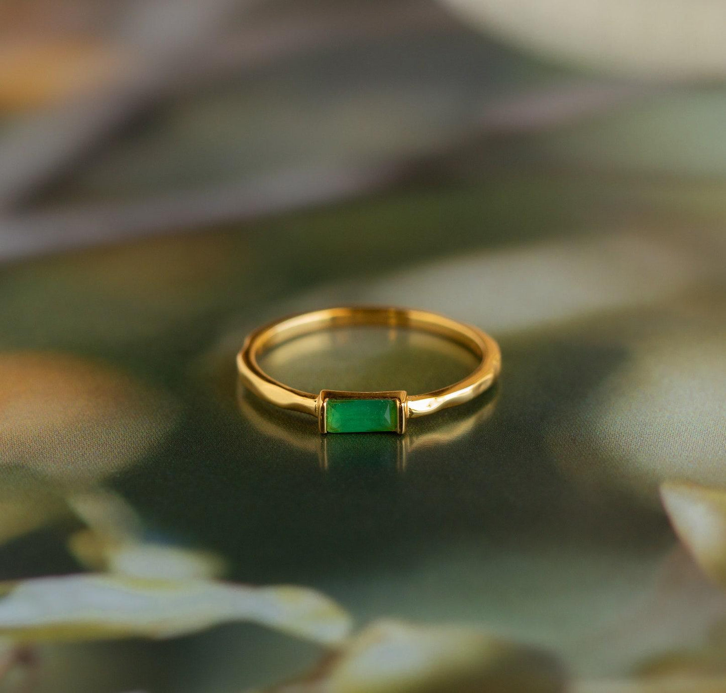 Dainty Green Jade Baguette Hammered Ring