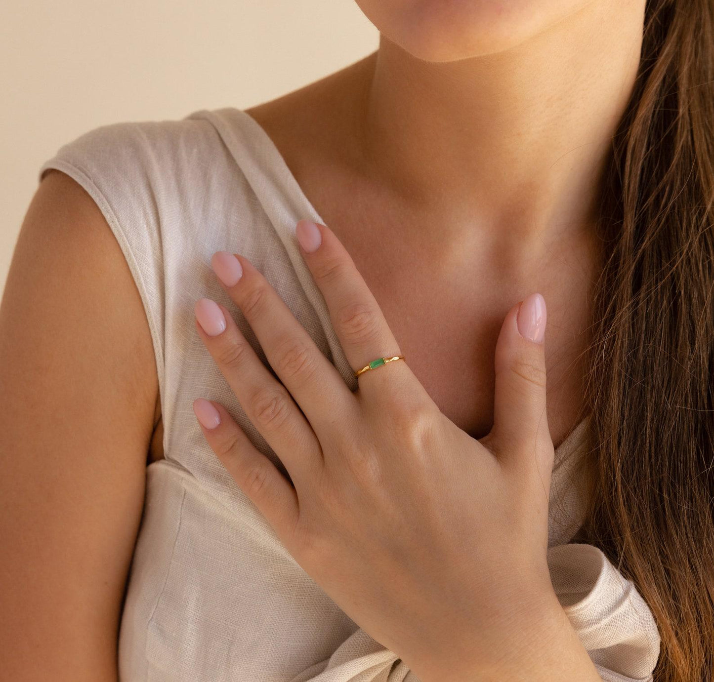 Dainty Green Jade Baguette Hammered Ring