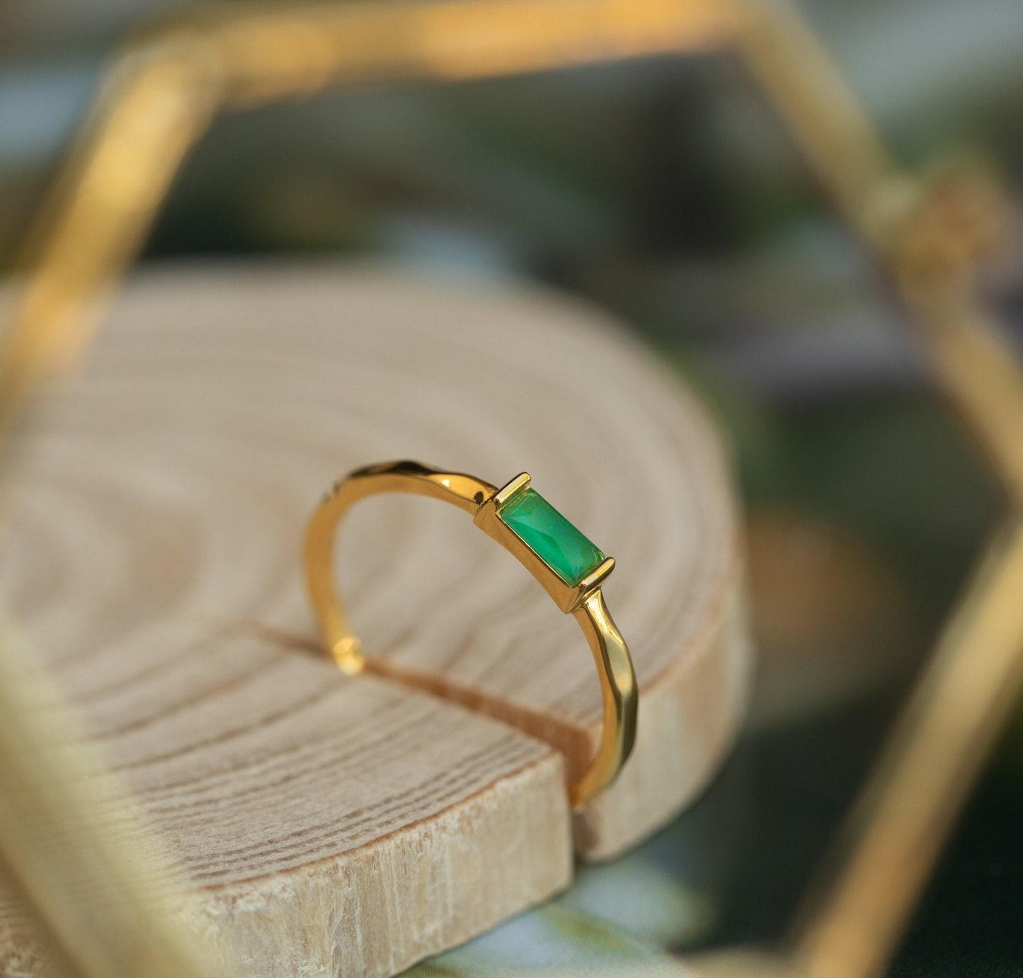 Dainty Green Jade Baguette Hammered Ring