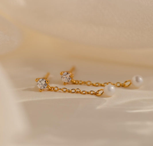 Dainty Pearl Drop Earrings with Diamonds