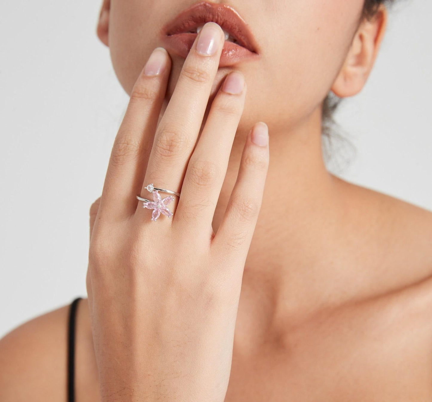 Pink Flower Sterling Silver Spinning Ring