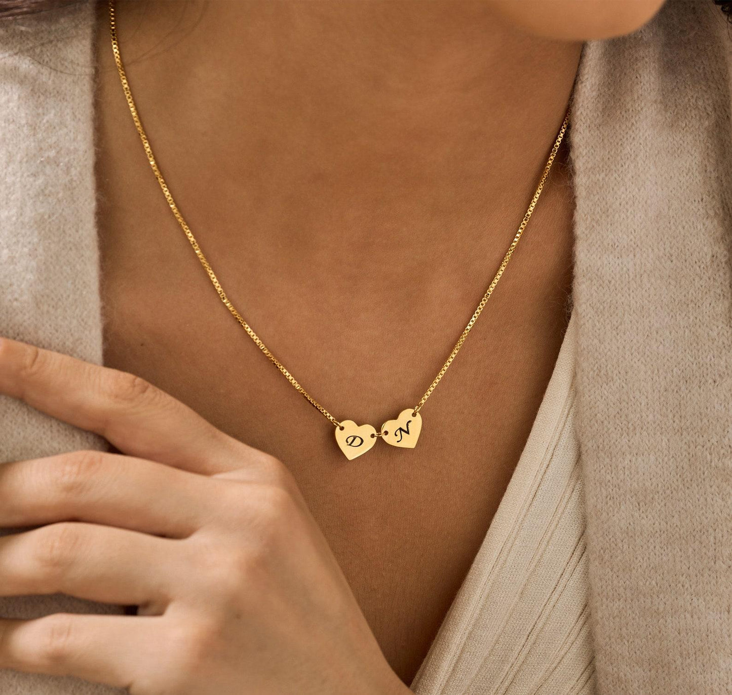 Custom Engraved Two Hearts Necklace in Gold