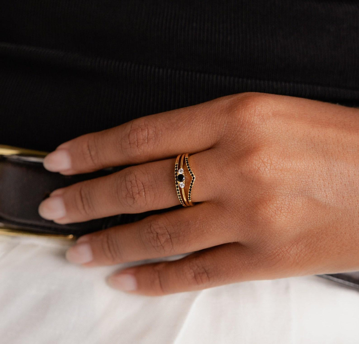 Black Onyx Stacking Ring Set in Gold