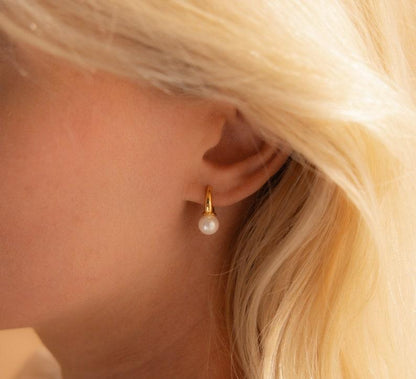 Gold Pearl Drop Huggie Earrings