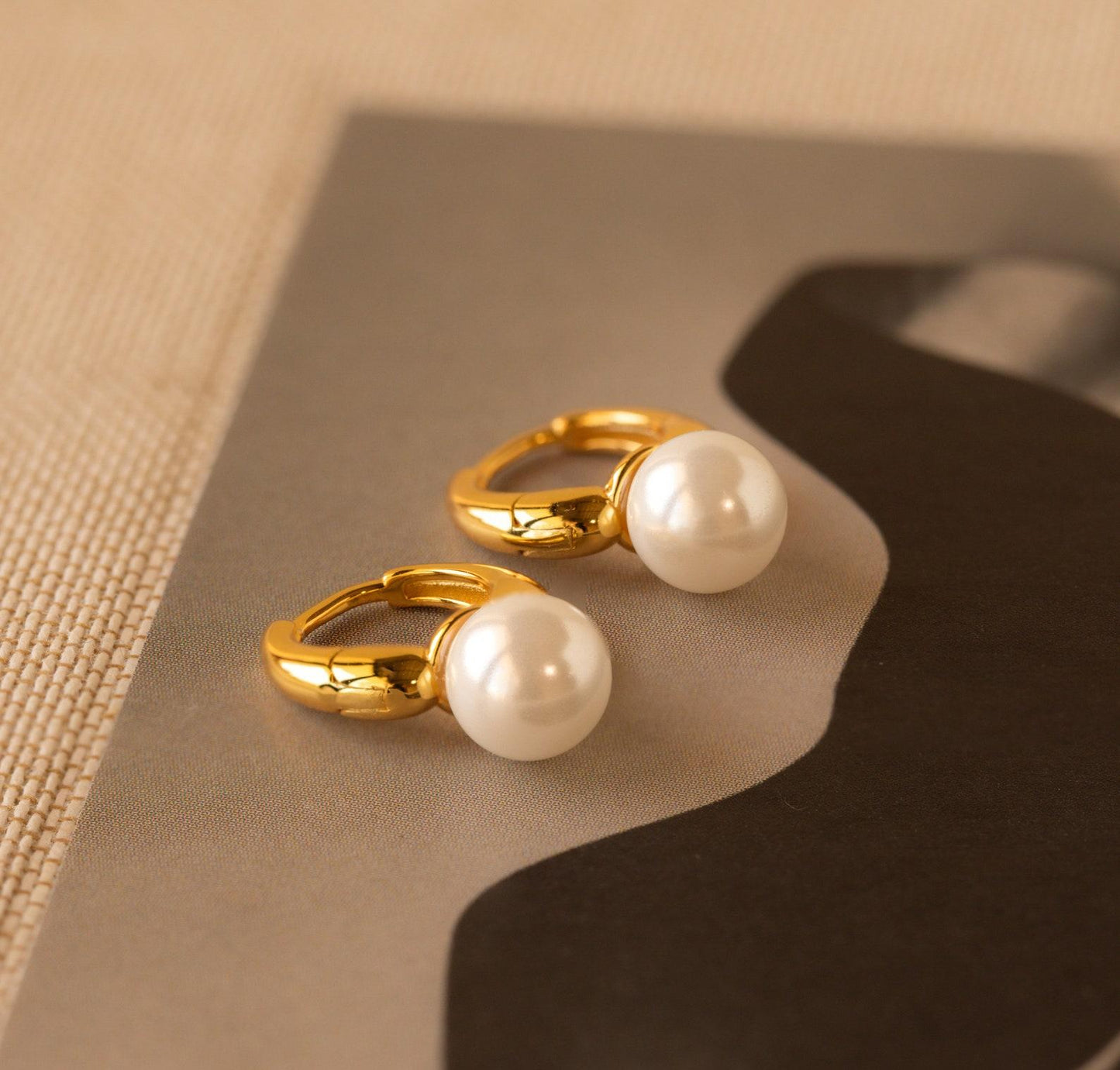 Gold Pearl Drop Huggie Earrings