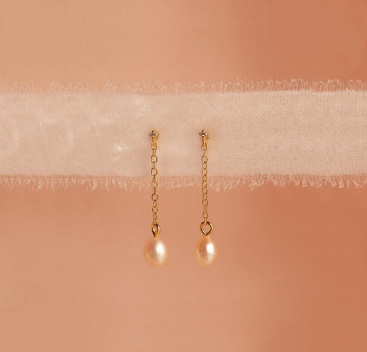 Pink Pearl Drop Earrings with Diamond Studs