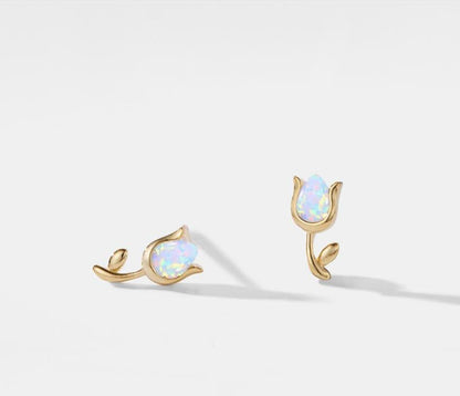 Tiny Opal Tulip Stud Earrings in Sterling Silver