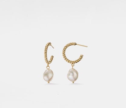 Baroque Pearl Gold Dangle Hoop Earrings