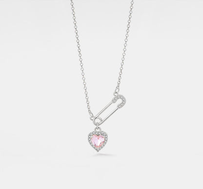 Pink Heart Safety Pin Necklace Sterling Silver