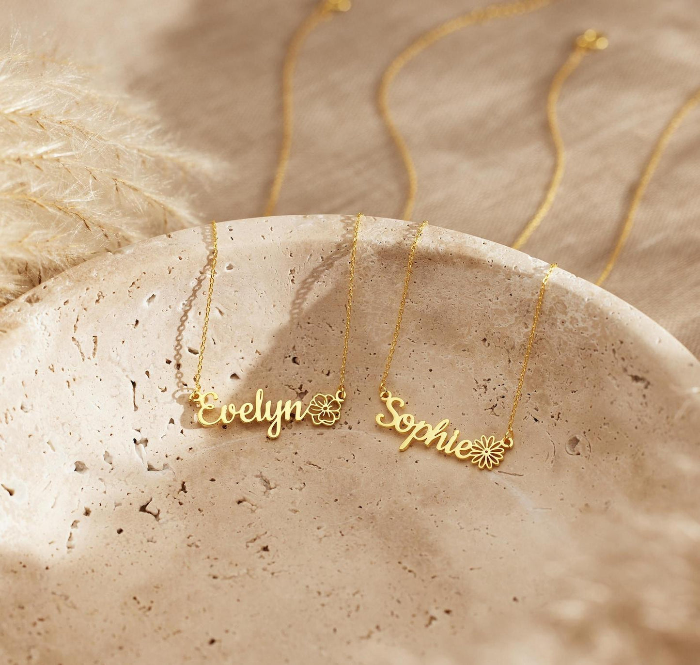 Personalized Gold Birthflower Name Necklace