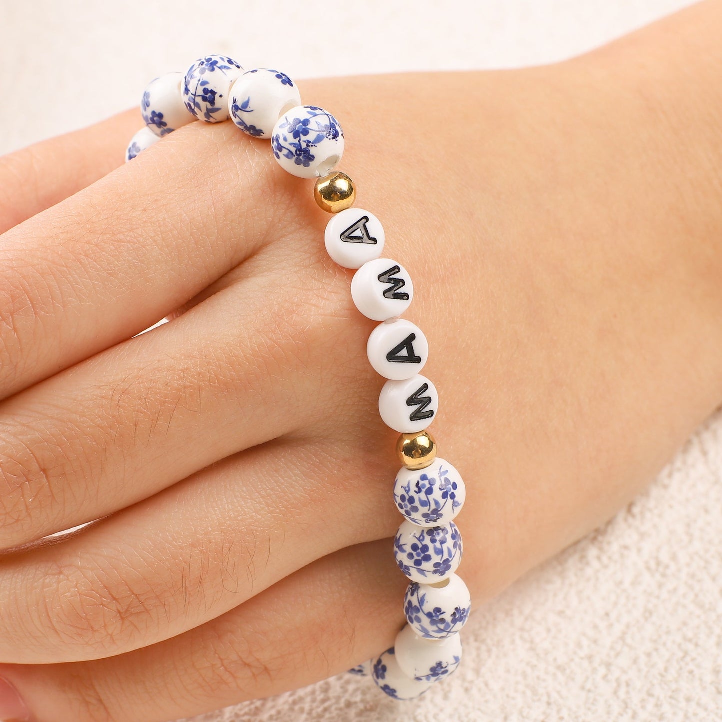 Customized Blue Porcelain Floral Beaded Bracelet