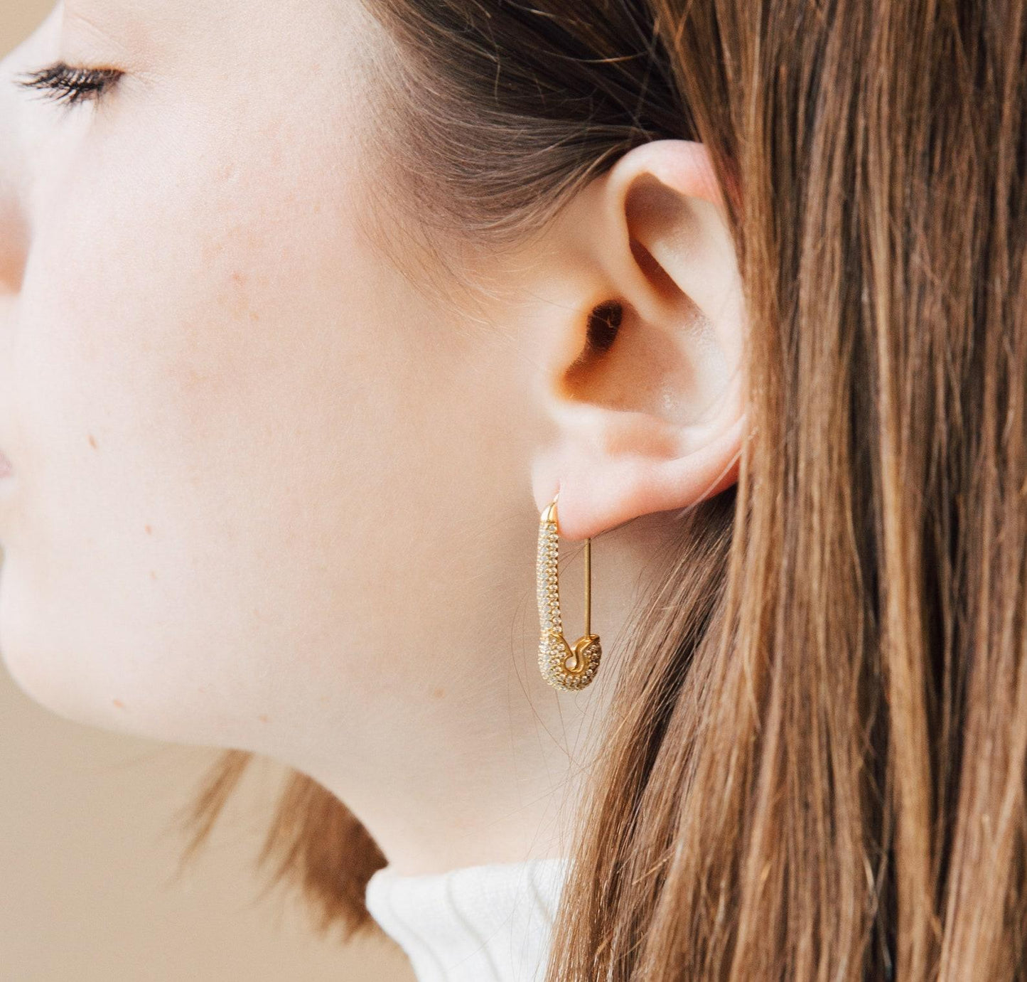 Gold Diamond Safety Pin Earrings