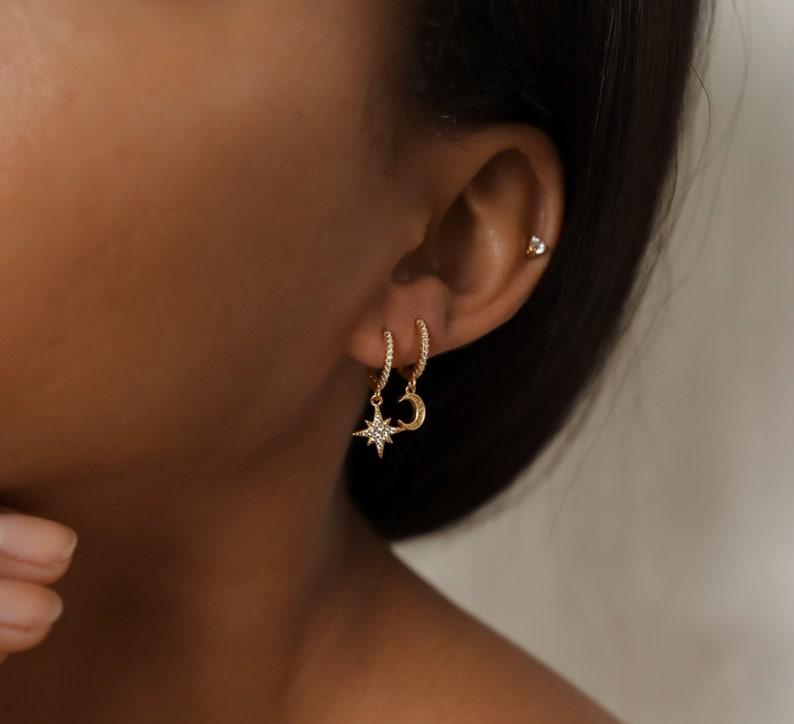 Gold Diamond Moon and Star Huggie Earrings