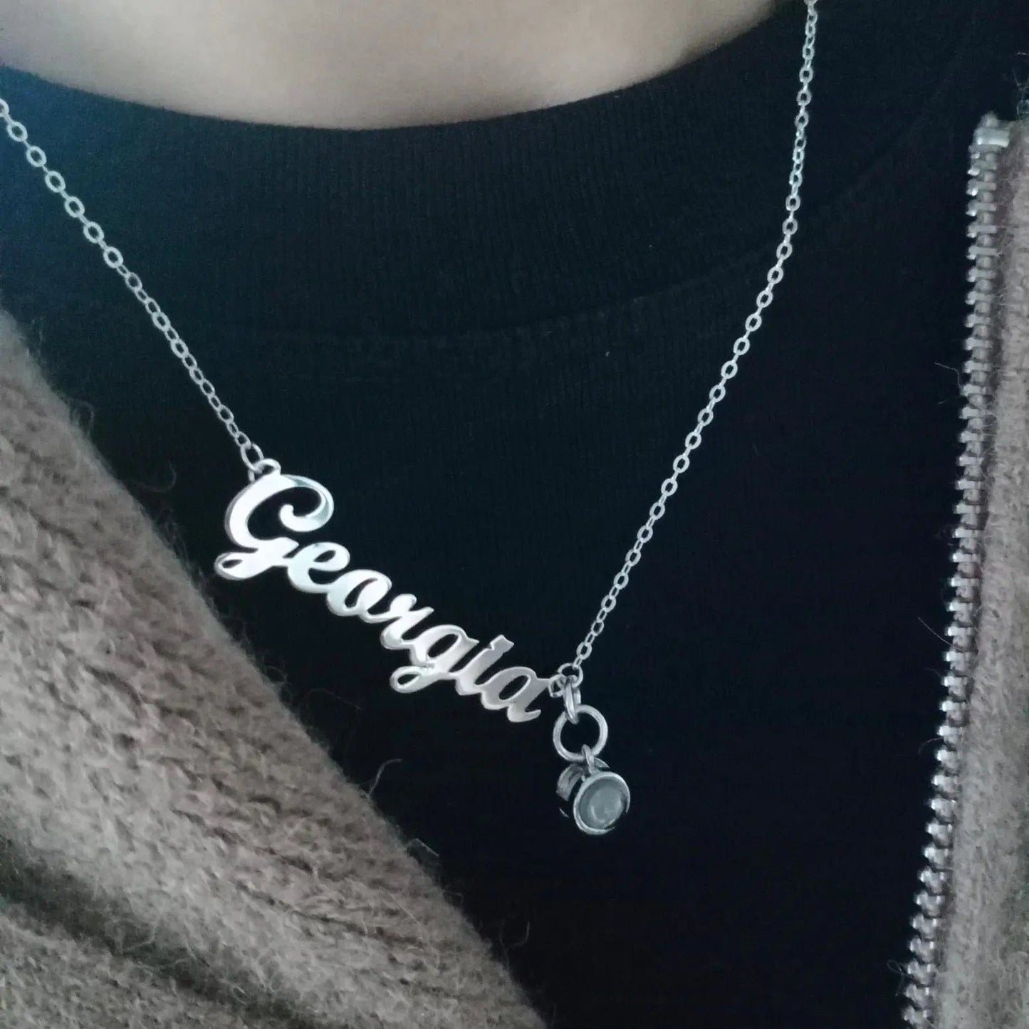 Custom Photo Projection Name with Zircon Gem Necklace