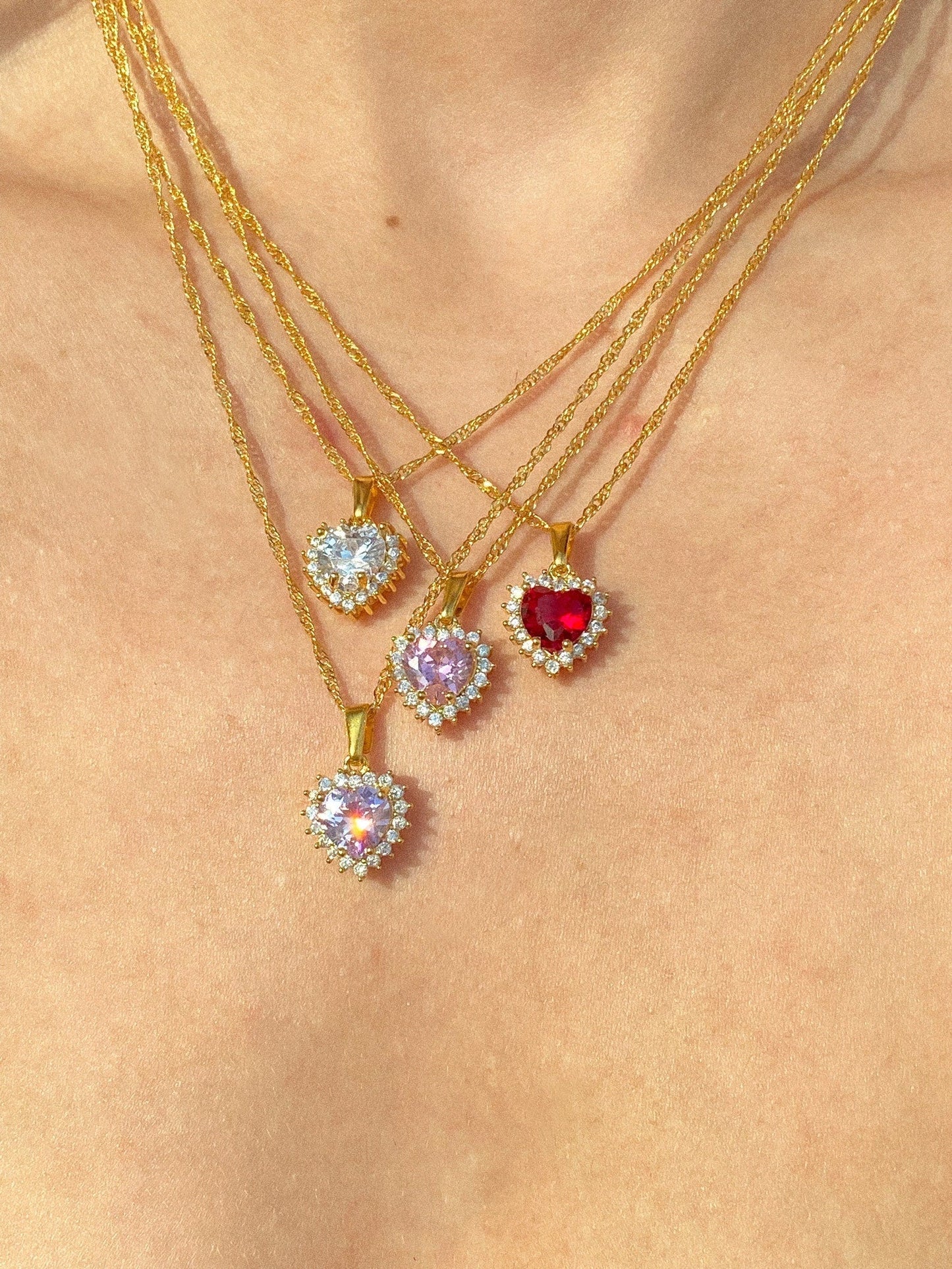 Colorful Crystal Heart Necklace in Gold Plating