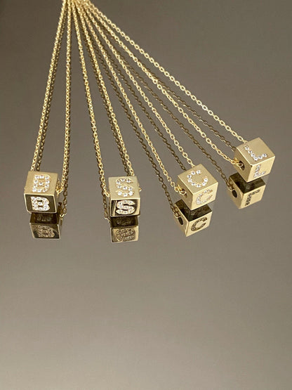 Custom 14k Gold Cube Letter Necklace