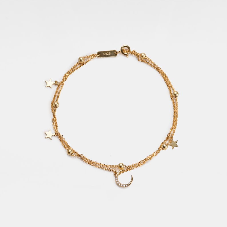 Dainty Gold Moon Star Charm Bracelet